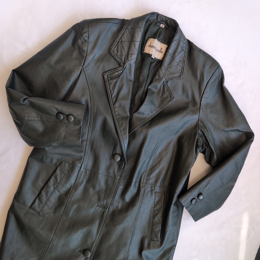 Vintage 90 Donna Pelle Green Leather Trench Maxi Coat Women Medium Longline READ